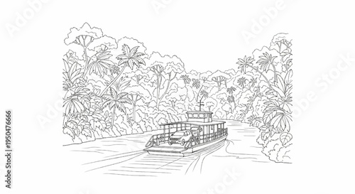 A ferry carrying a car navigates a tropical river surrounded by dense foliage