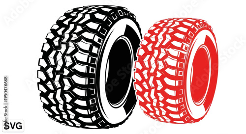 Off-Road Tire Black and Red Vector Illustration, Mud Terrain Wheel