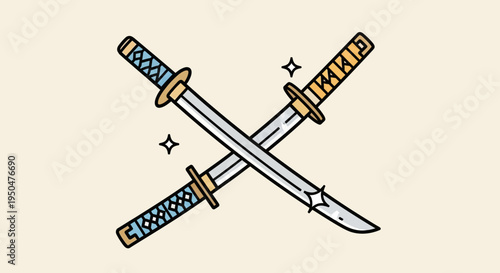 Crossed Samurai Swords, Japanese Katana, Warrior Weapon, Bushido Symbol, Vintage Illustration