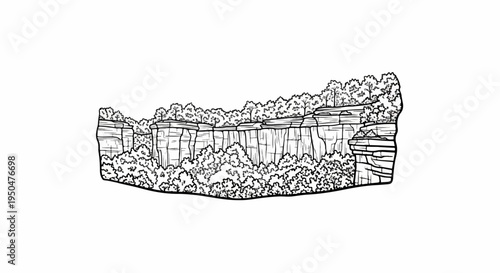 A scenic line drawing depicts layered cliffs adorned with lush trees