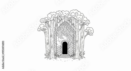 A stone structure resembling a beehive, surrounded by trees