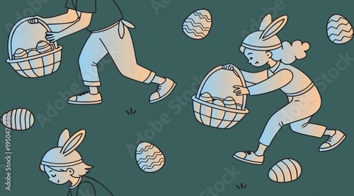 Cartoon children running with Easter eggs in baskets on green background