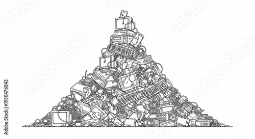 A large pile of discarded electronic devices forms a mountain