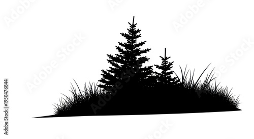 Silhouette of pine trees and grass against a white background
