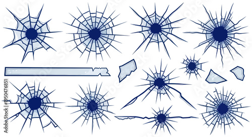 Shattered Glass Collection: Cracks, Breaks, and Impacts on White Background