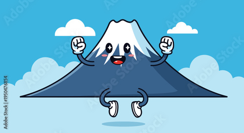Cute Mount Fuji Character Jumping Joyfully with Clouds and Blue Sky