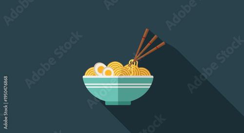 Delicious Ramen Bowl with Chopsticks, Asian Noodle Soup, Flat Design