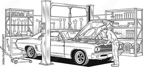 Mechanic working on a car in a workshop with tools and equipment