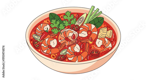 Spicy Tom Yum Goong Soup with Shrimp and Herbs, Delicious Thai Cuisine Illustration
