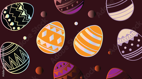 Colorful Easter eggs with various patterns on brown background with small circles