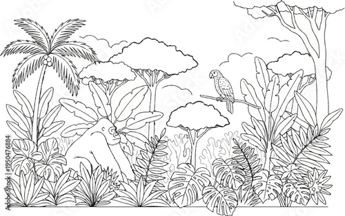 A line drawing depicts a lush jungle scene with a gorilla and a parrot