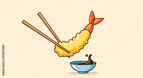Delicious Shrimp Tempura Dipping in Soy Sauce with Chopsticks