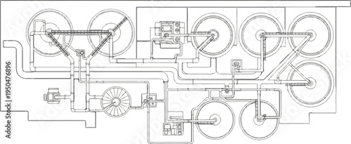 Industrial plant blueprint with circular tanks and complex piping systems