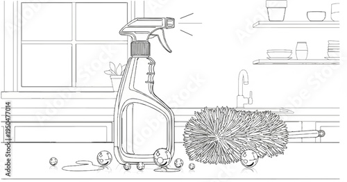 Kitchen cleaning supplies and decorative balls on a counter