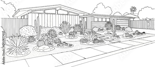 A mid-century modern home's xeriscaped front yard with cacti