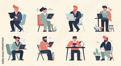 Stylized individuals engage with digital devices and work materials