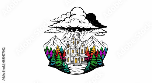 Stylized haunted house with colorful trees and stormy skies over mountains