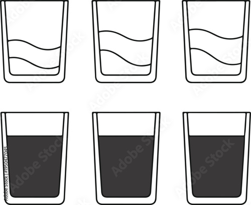 A simple illustration of six glasses with varying liquid levels