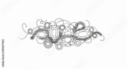 Intricate sketch of sparkling gemstones and swirling wirework
