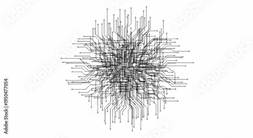 Intricate network of digital circuit board pathways spreading outwards from a central hub