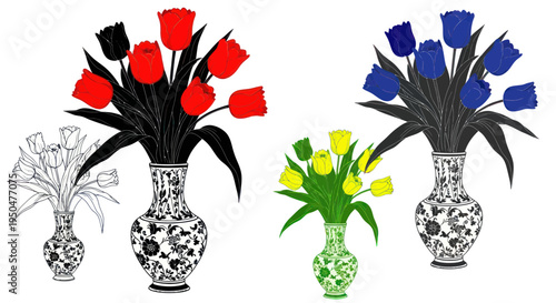 Vibrant Tulip Bouquets in Decorative Vases - Digital Illustration