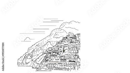 Sketch of clustered buildings cascading down a steep, rocky mountainside toward the sea