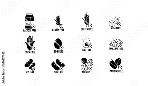 Allergen Free Food Icons Set. Lactose Gluten Sugar Soy Nuts Free Product Symbols Vector