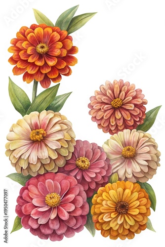 Wallpaper Mural Watercolor Zinnia Flower Arrangement on White Background for Floral Design Torontodigital.ca