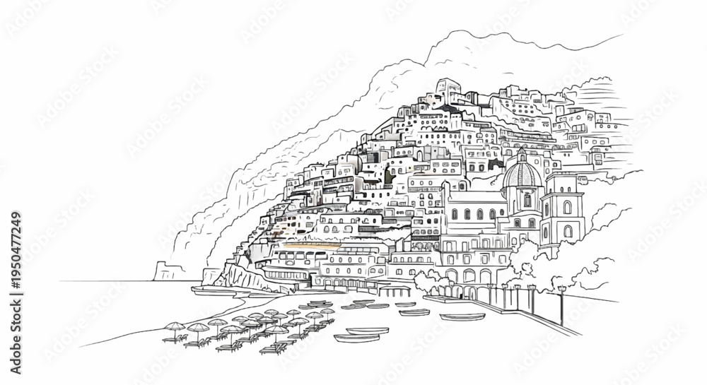 Naklejka premium Ink sketch of a coastal town with buildings cascading down a steep hill to a beach