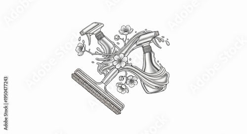 Artistic rendering of cleaning tools and blossoms with liquid splashes