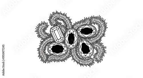 Ornate brooch with assorted faceted gemstones on pine needles