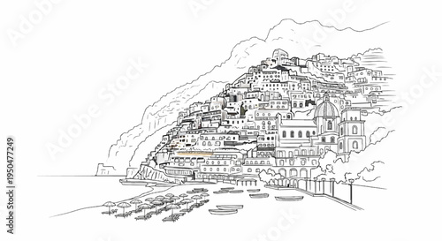 Ink sketch of a coastal town with buildings cascading down a steep hill to a beach