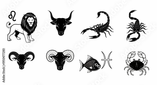 Stylized zodiac animal symbols, including a lion, bull, scorpions, ram, fish, and crab