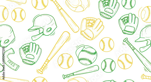 Baseball Pattern Seamless Background Sketch Icons - Bats, Gloves, Helmets, Balls