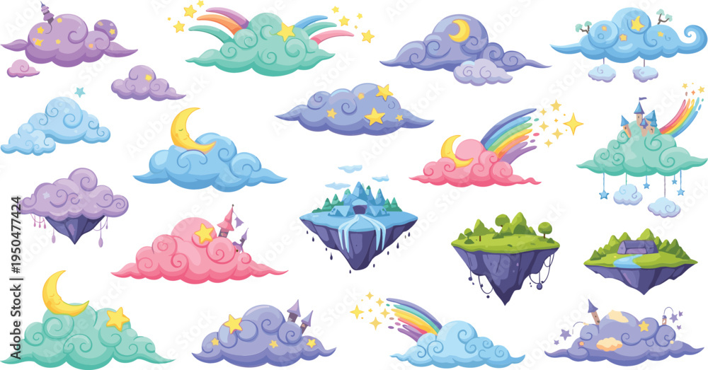 Obraz premium Fantasy Magic Clouds and Floating Islands Cartoon Set with Rainbow, Moon, Stars, and Cute Sky Elements for Kids Illustration, Fairytale Design, and Dreamy Landscapes