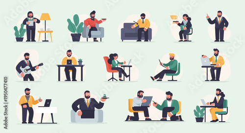 Collection of modern professionals engaged in various work and leisure activities