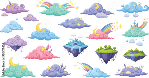 Fantasy Magic Clouds and Floating Islands Cartoon Set with Rainbow, Moon, Stars, and Cute Sky Elements for Kids Illustration, Fairytale Design, and Dreamy Landscapes