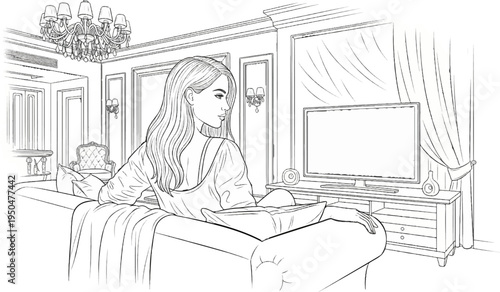 Elegant interior scene with a woman relaxing on a couch watching television