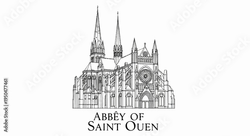 Ornate Gothic abbey illustration with spires, rose window, and arched doorways