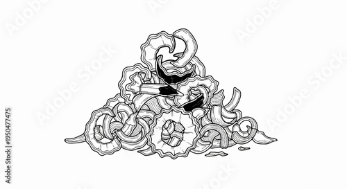 Black and white illustration of a pile of spiral-shaped pasta