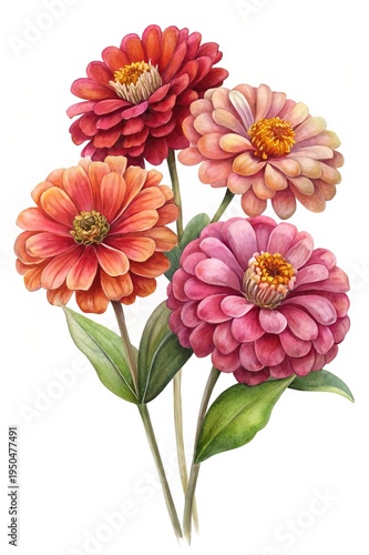 Wallpaper Mural Watercolor Painting of a Bouquet of Colorful Zinnia Flowers with Leaves Torontodigital.ca