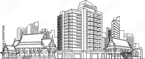 A black and white sketch of modern buildings beside traditional structures