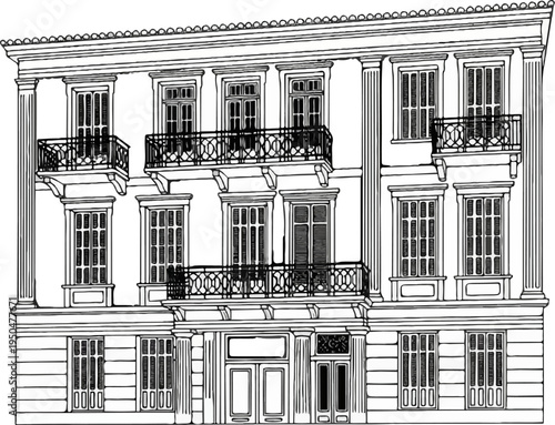 Detailed line art illustration of a grand building with balconies and windows