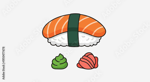 Salmon Nigiri Sushi with Wasabi and Ginger - Japanese Food Illustration