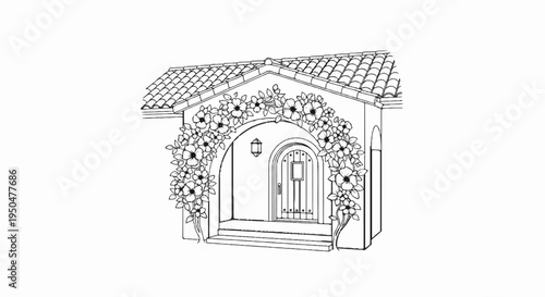 A charming entrance with a tiled roof and floral archway