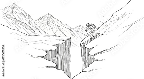 Skier navigates a steep, snow-covered mountain slope with a deep chasm