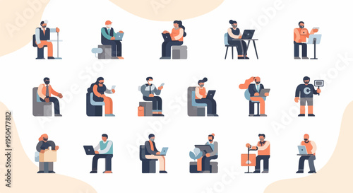 Diverse group of people in flat vector style, engaged in various activities