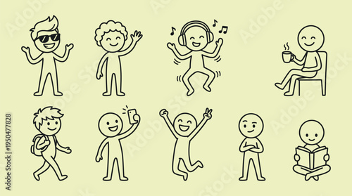 Cute Stick Man Characters Set , Minimal Cartoon Line Vector Collection