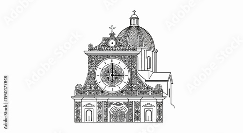Detailed architectural drawing of a building facade with a prominent clock