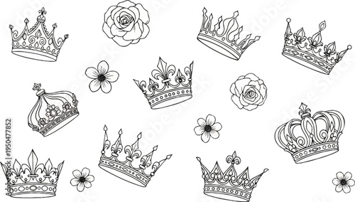 A collection of elegant crowns and delicate flowers drawn in a classic, artistic style